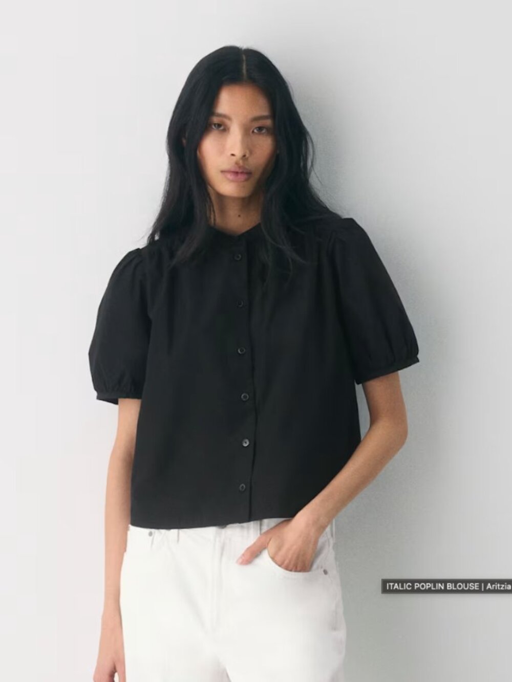 Aritzia Black Italic Poplin Cotton Blouse - Bubble Sleeves